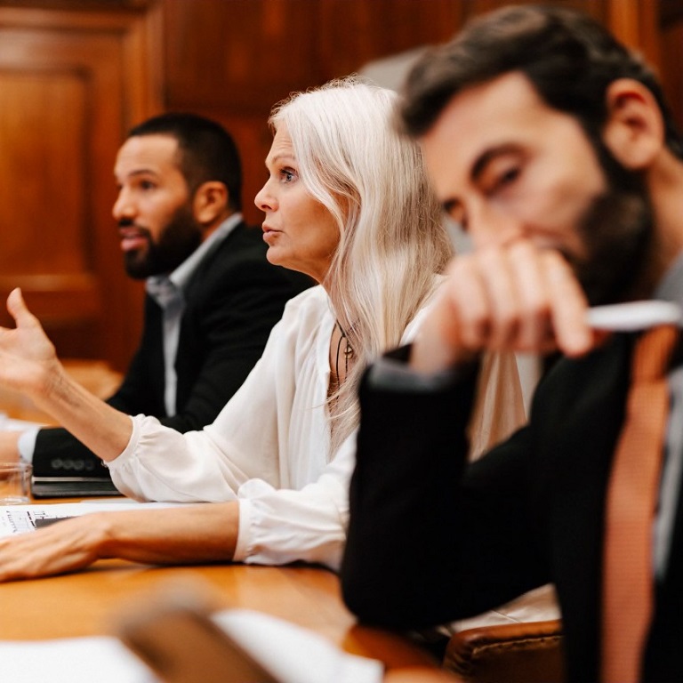 Confident businesswoman gesturing while discussing strategy